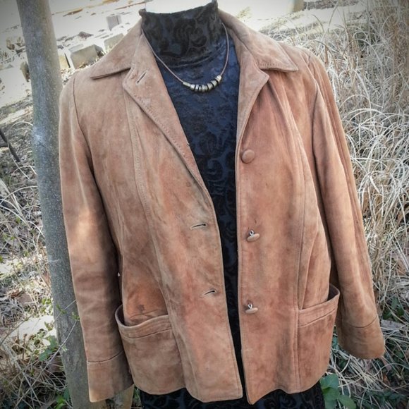 Vintage light brown distressed soft suede jacket 2 LG front patch pockets - Picture 2 of 8
